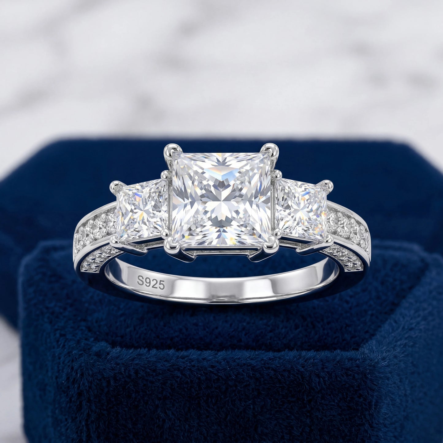 Lyee Cyee Princess Cut Three Stone Moissanite Silver Ring