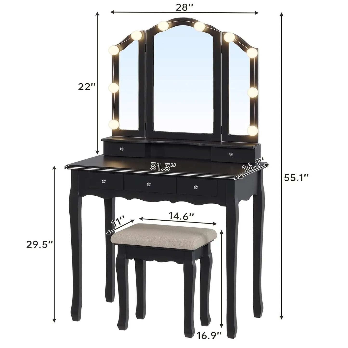 Makeup Vanity With Lights Tri Folding Mirror 10 Bulbs 3 Color Modes 5 Drawers