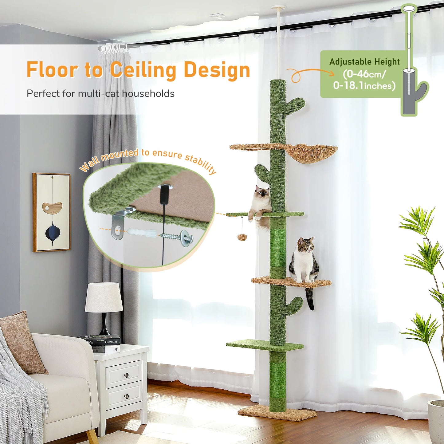 PAWZ Road Cat Tree 5-Tier Floor To Ceiling Indoor Climbing Tower