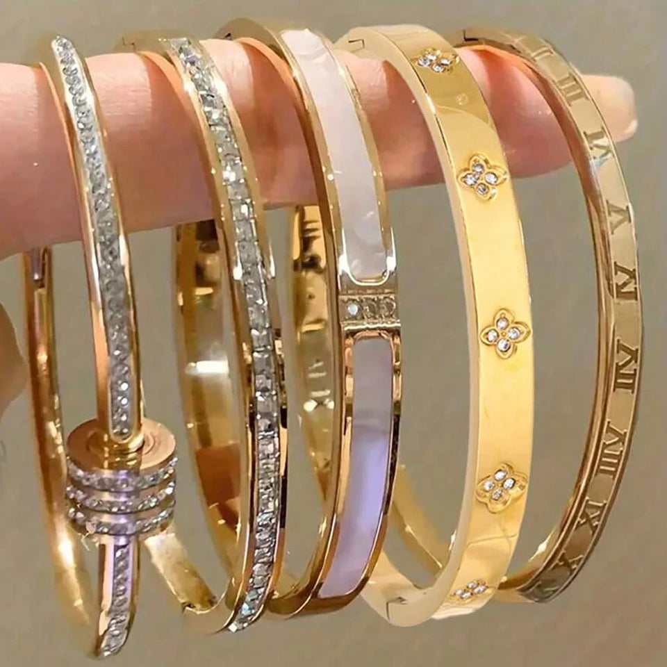 Sparkling Zirconia Inlaid Stainless Steel Stackable Bracelet Set For Women