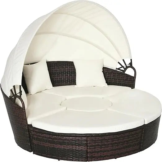 4-Piece Round Convertible Outdoor Daybed Set With Cushions Rattan Canopy