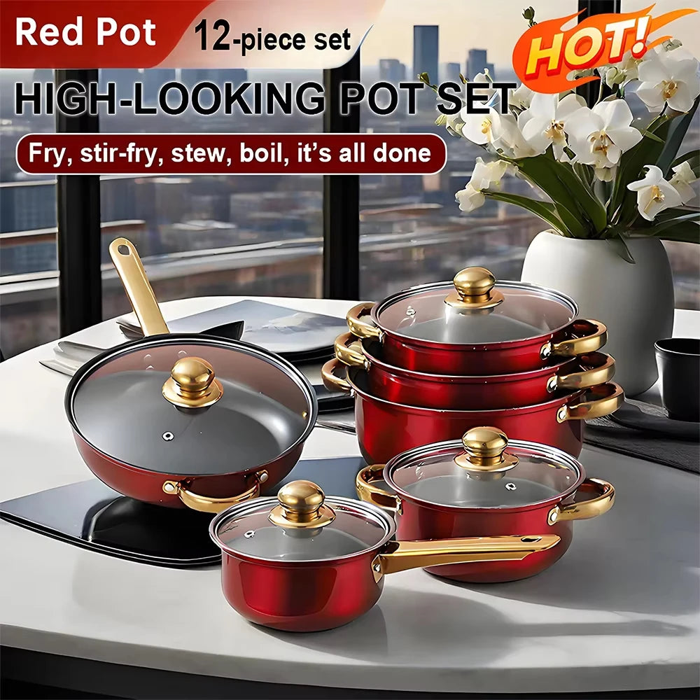 12PCS Stainless Steel Colored Cookware Set Milk Pot Pan Frying Pot Kitchenware Non-stick Pan Gold-plated Handle Soup Pot