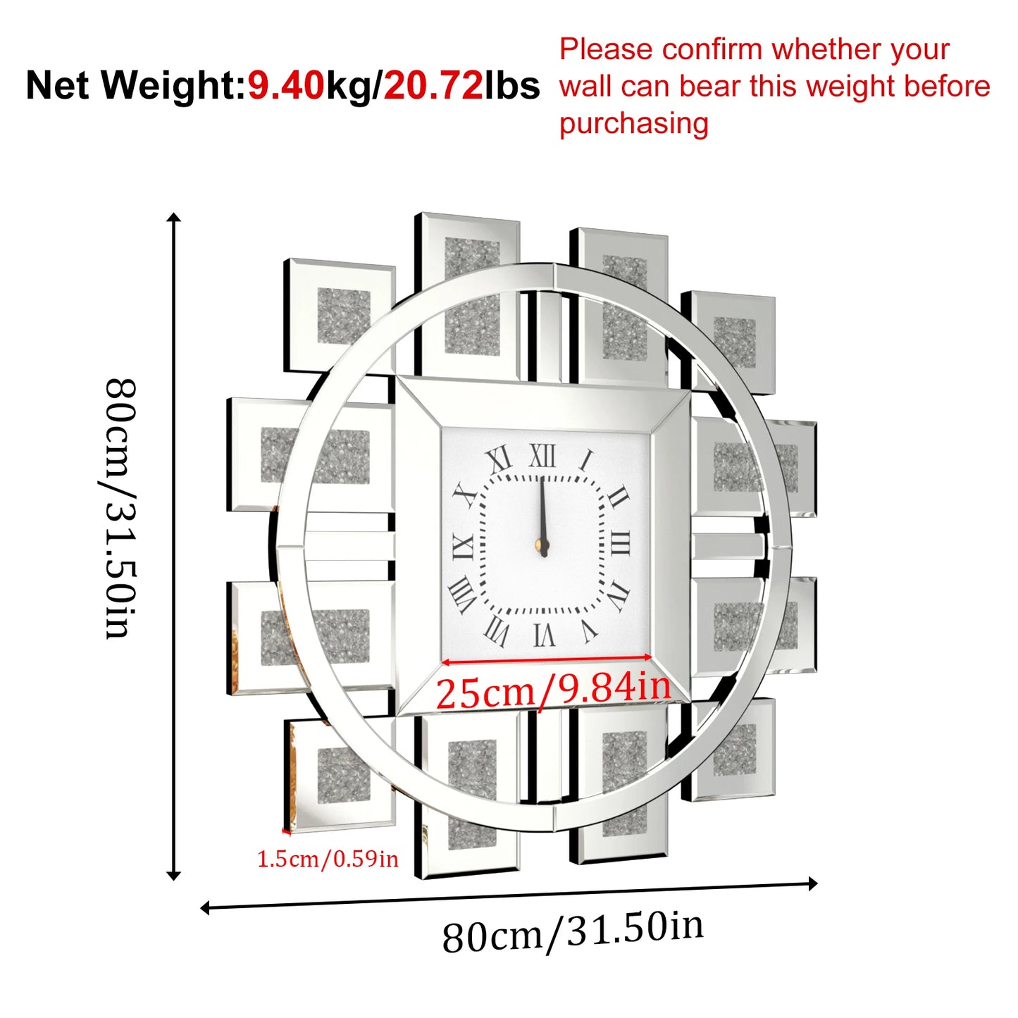 Crush Diamond Mirrored Wall Clock Quartz Roman Numerals Living Room