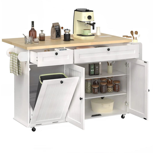 ONBRILL Mobile Kitchen Island With Power Outlet Drop Leaf And Towel Rack