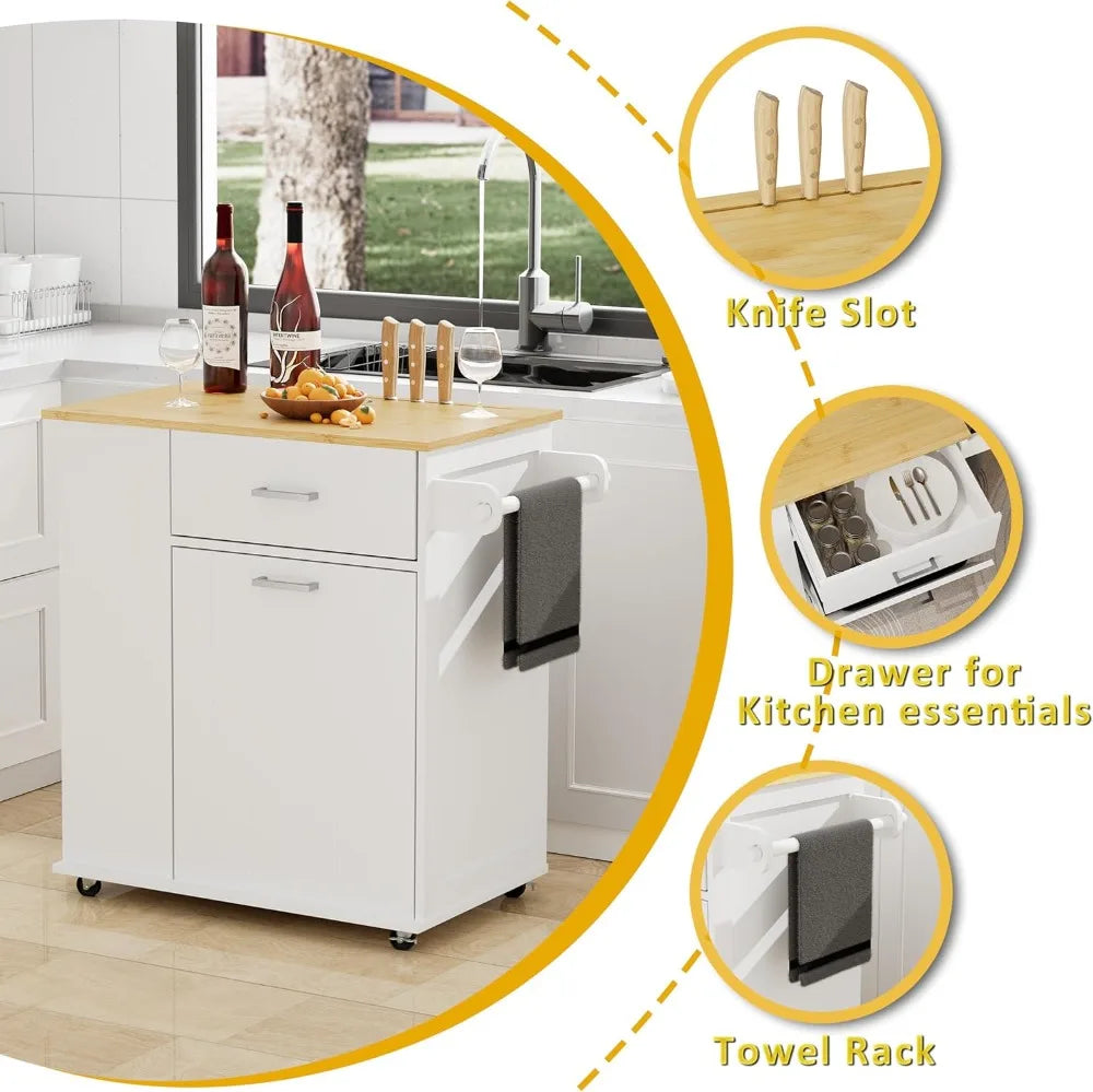 Rolling Kitchen Island On Wheels With Trash Bin Storage And Racks