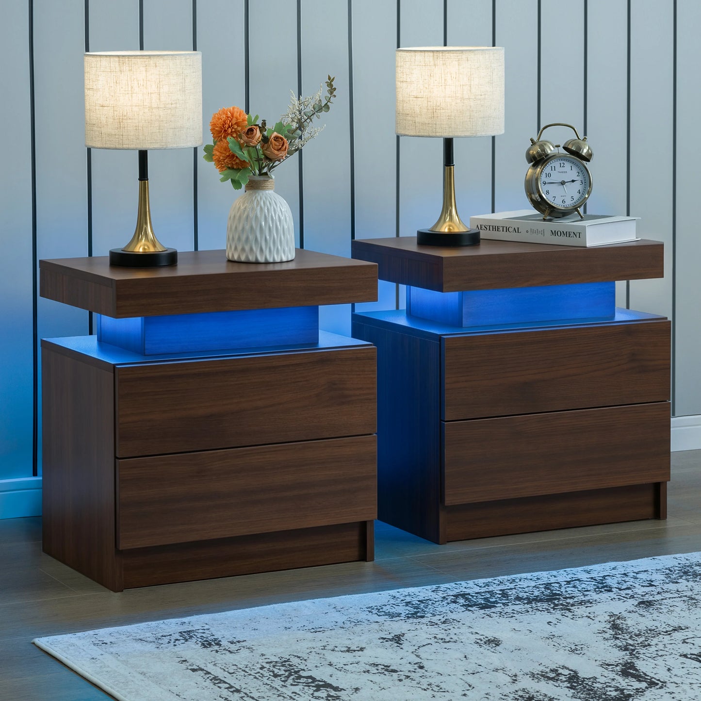 Cubehom Nightstand Set Of 2 With Led Light And Drawers