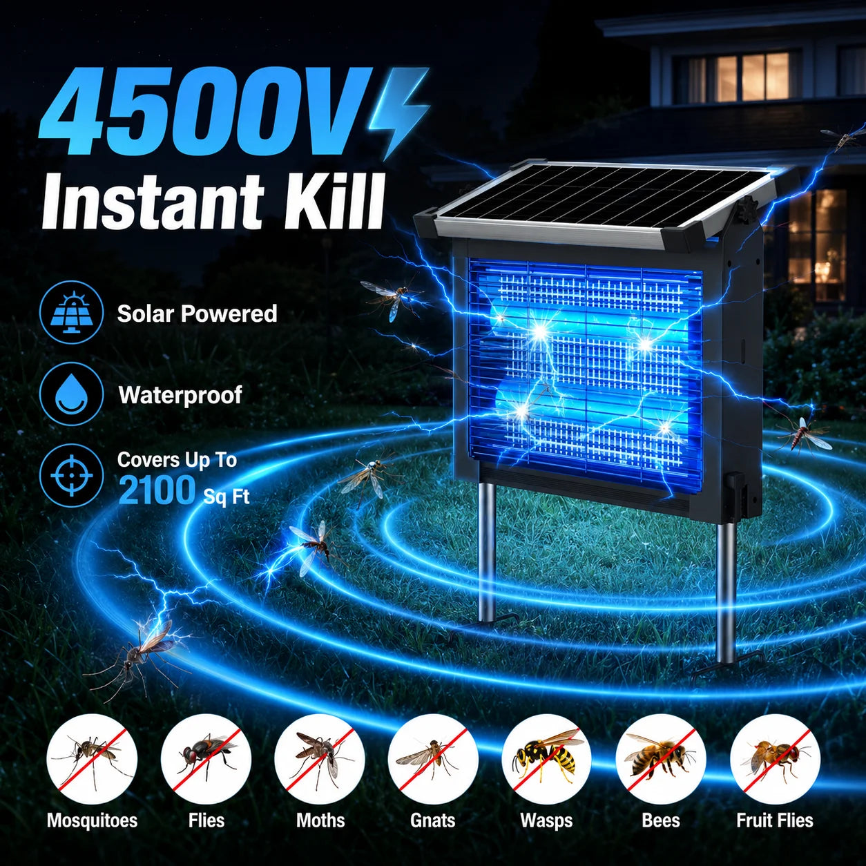 Solar Bug Zapper Outdoor 4500V Mosquito Killer Rechargeable