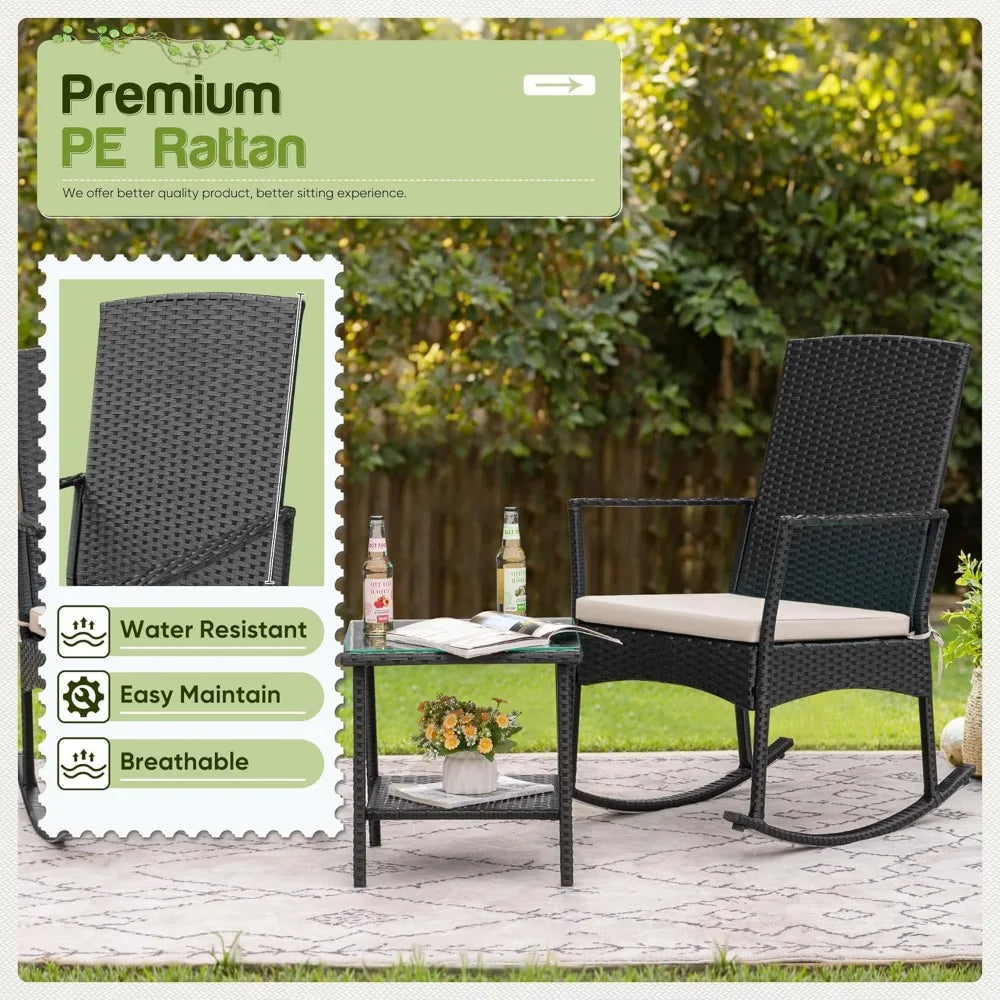 Outdoor PE Rattan Rocking Chair With Glass Table Patio Set