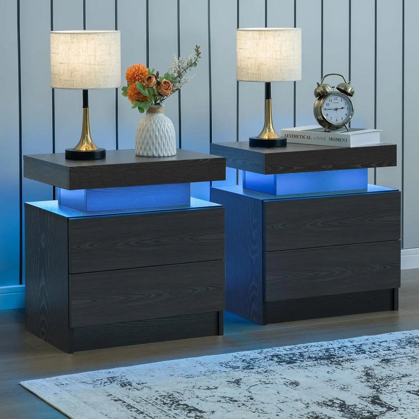 Cubehom Nightstand Set Of 2 With Led Light And Drawers
