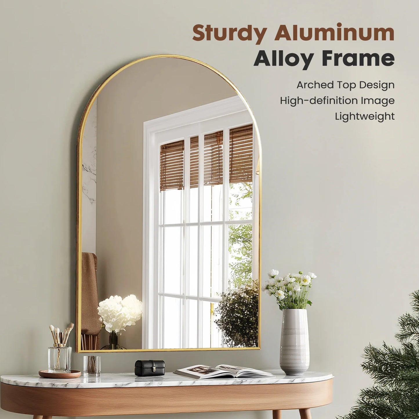 JHK Arched Metal Framed Bathroom Mirror