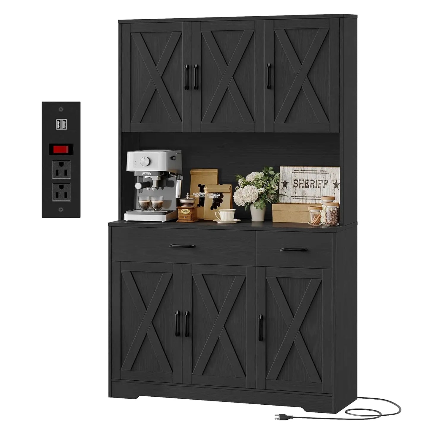 Chengwei Pantry Cabinet With Charging Station Farmhouse Style