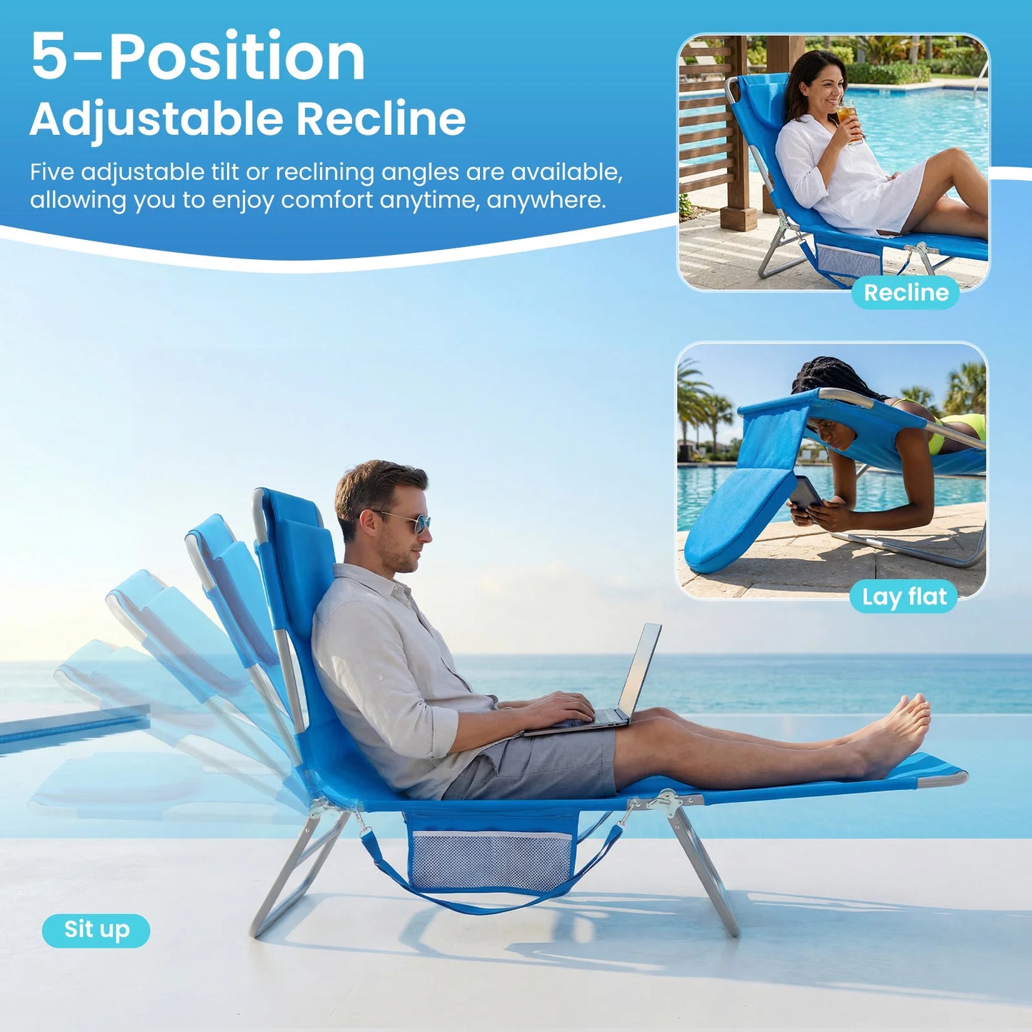 JHK 5 Position Adjustable Reclining Beach Lounge Chair With Face Arm Holes