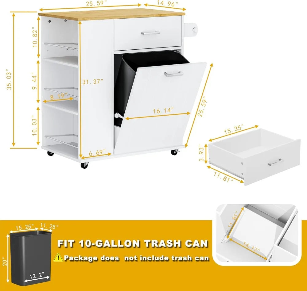 Rolling Kitchen Island On Wheels With Trash Bin Storage And Racks