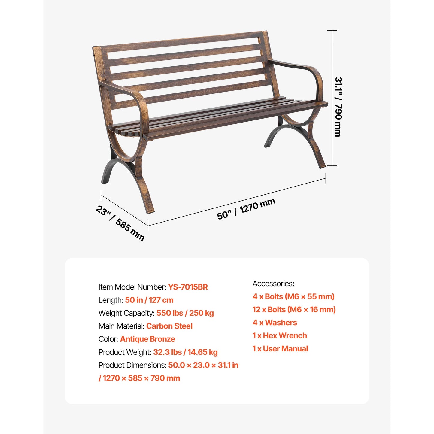SucceBuy Outdoor Wood Metal Garden Bench With 480 Lb Capacity