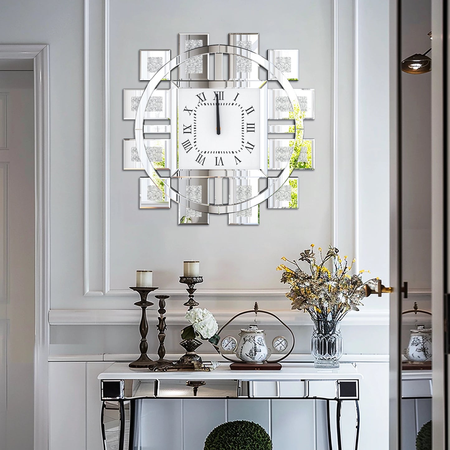 Crush Diamond Mirrored Wall Clock Quartz Roman Numerals Living Room