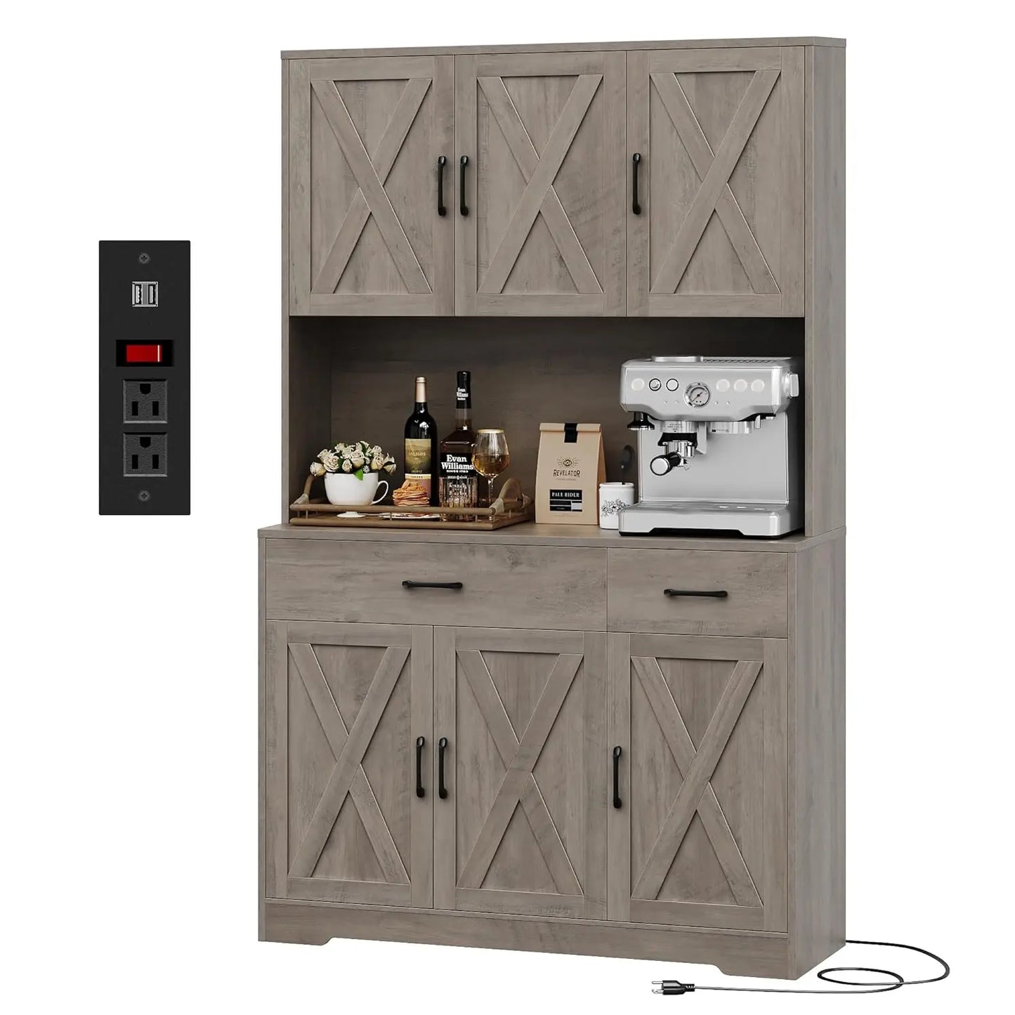 Chengwei Pantry Cabinet With Charging Station Farmhouse Style