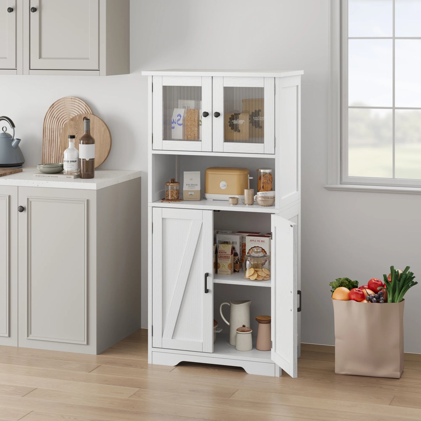 HobbyLane Free Standing Pantry Cabinet With Glass Doors