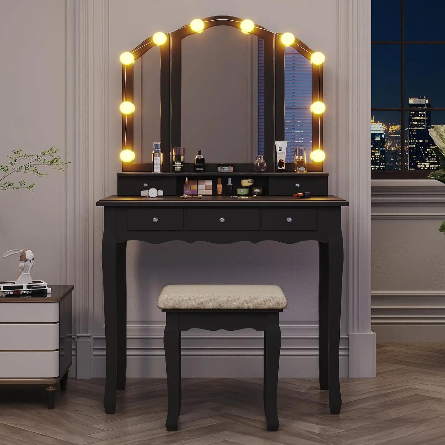 Makeup Vanity With Lights Tri Folding Mirror 10 Bulbs 3 Color Modes 5 Drawers