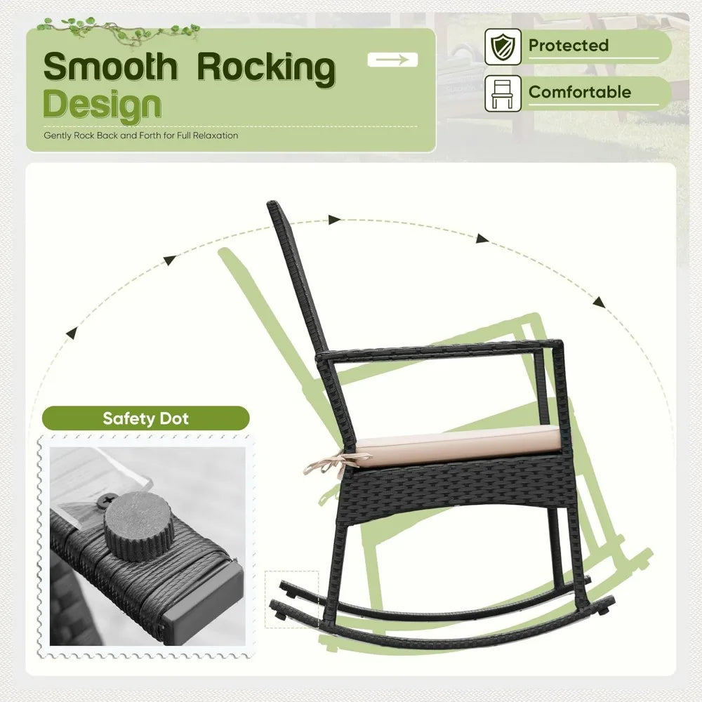 Outdoor PE Rattan Rocking Chair With Glass Table Patio Set