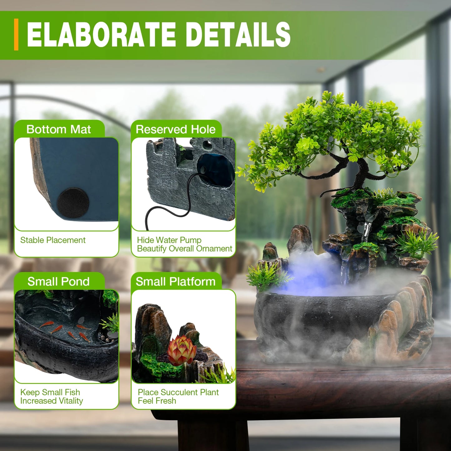 Indoor Tabletop Water Fountain With LED Lights And Atomizer