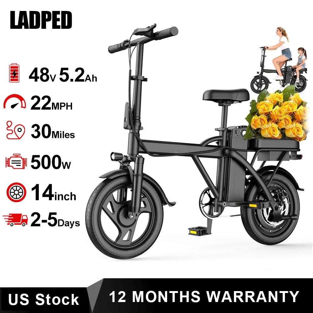 Ladped Foldable Electric Bike 500W 48V Dual Seat Mini E Bike