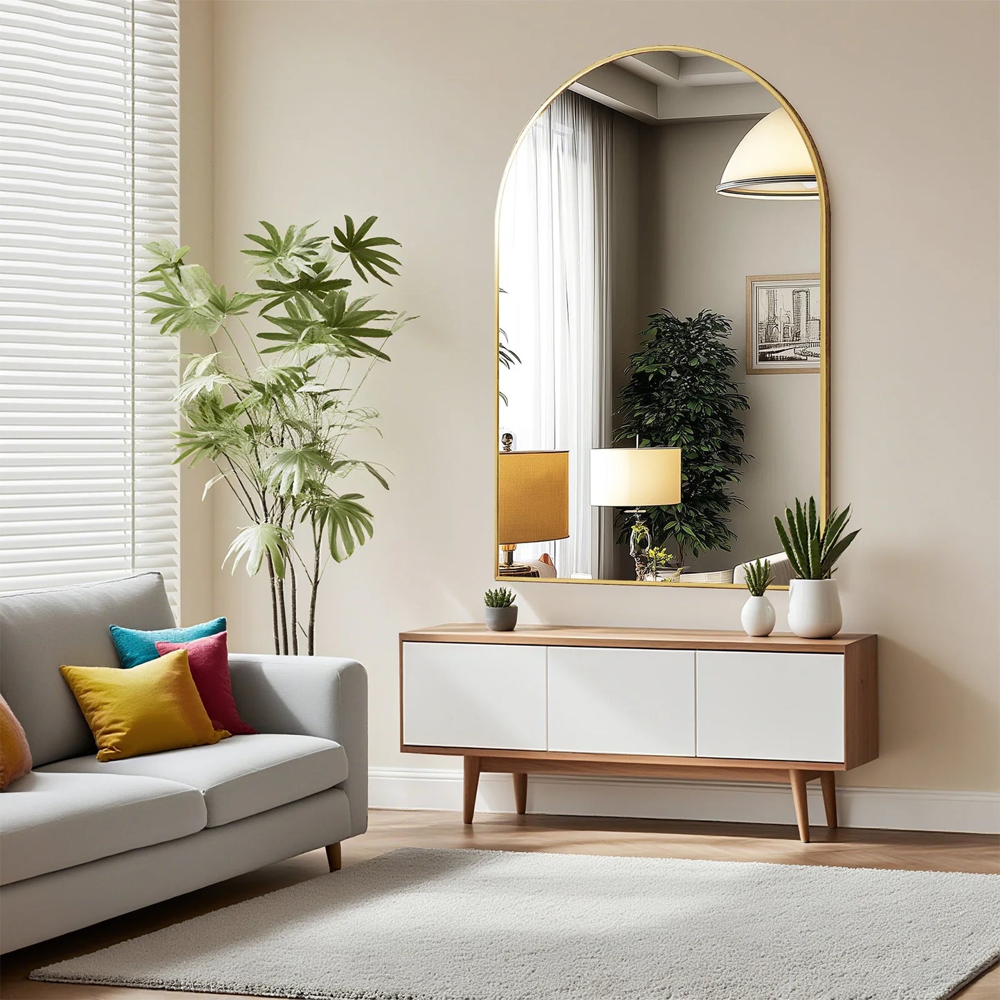 JHK Arched Metal Framed Bathroom Mirror
