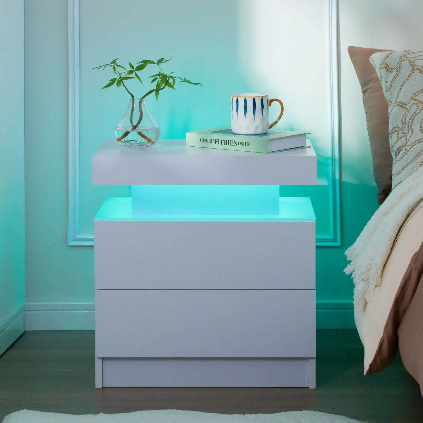 Cubehom Nightstand Set Of 2 With Led Light And Drawers
