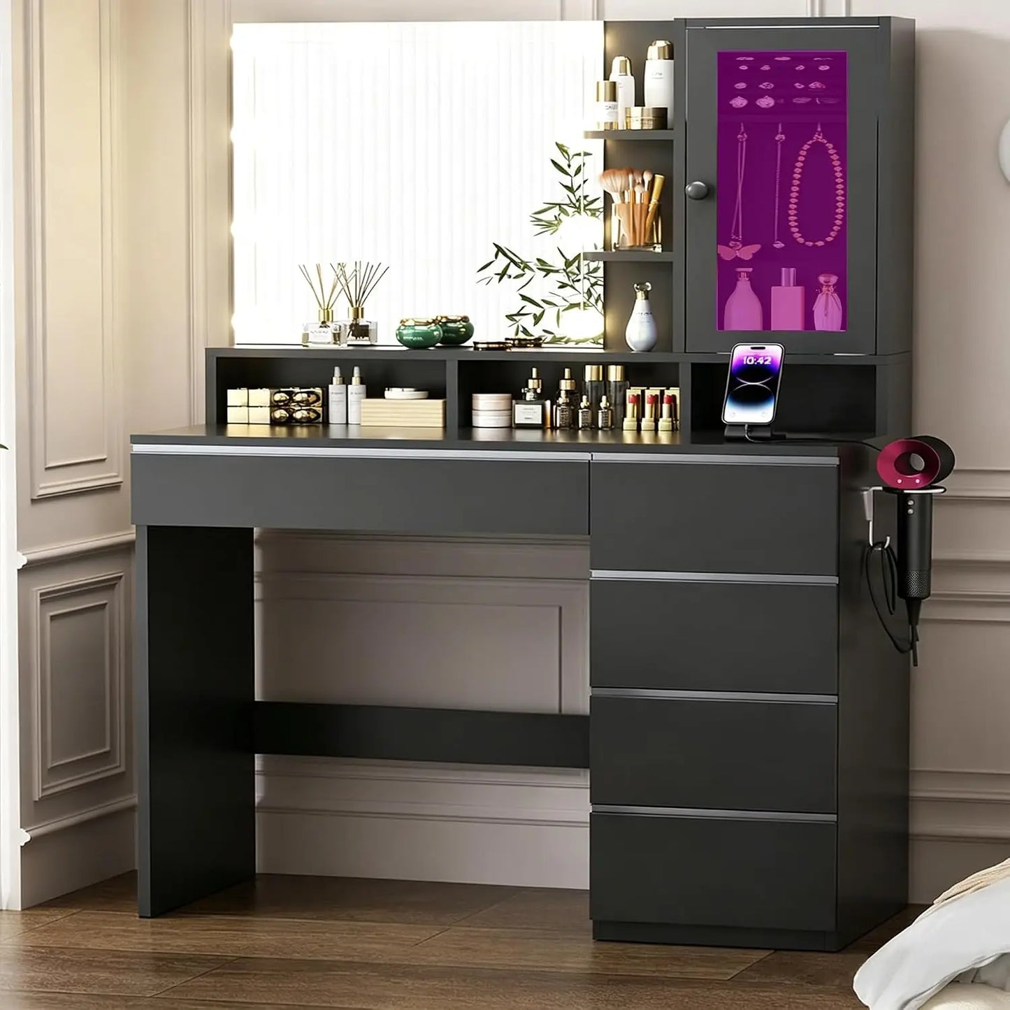 Vanity Desk With LED Mirror And Power Outlet For Makeup