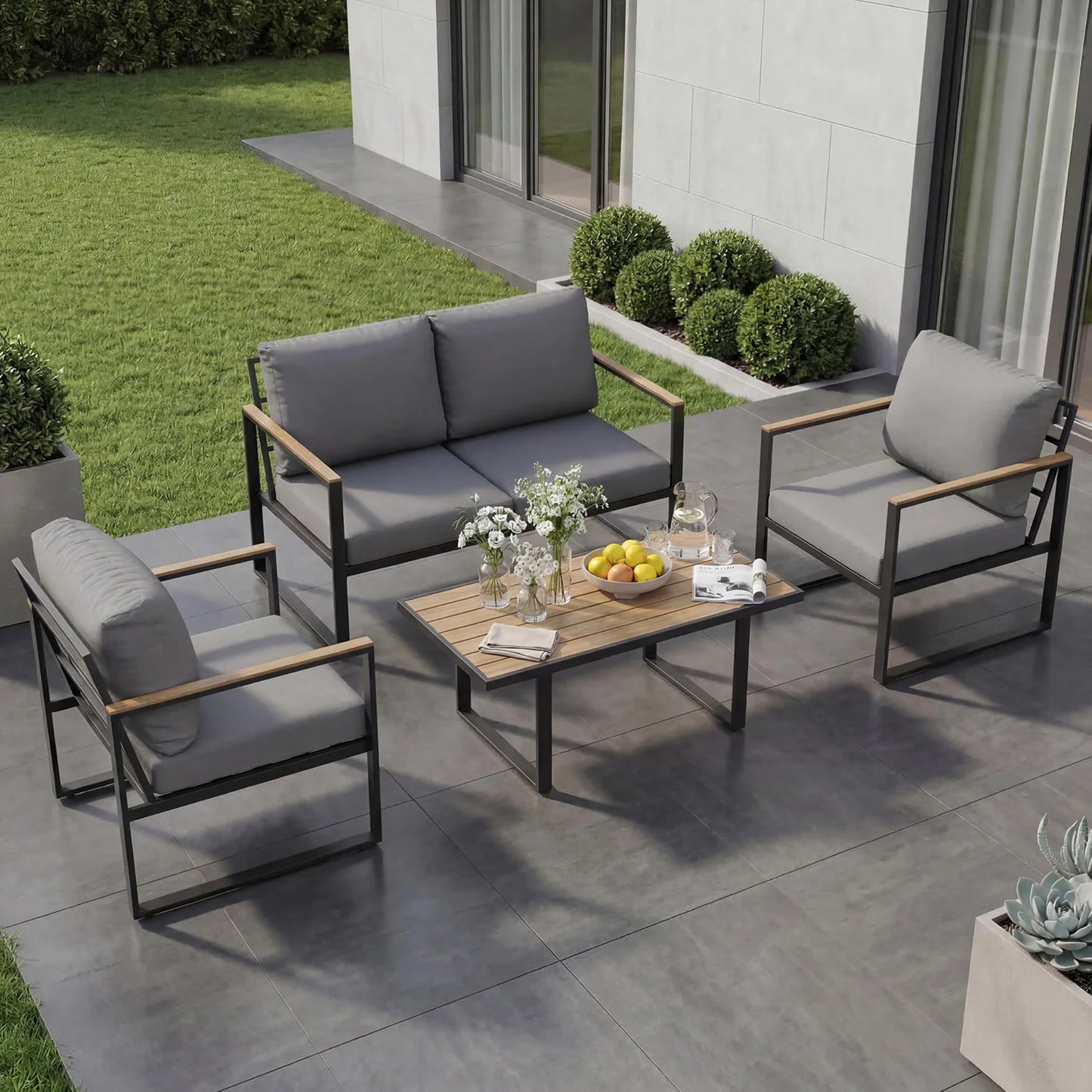 HobbyLane Modern Outdoor 4 Piece Patio Furniture Set With Sofa