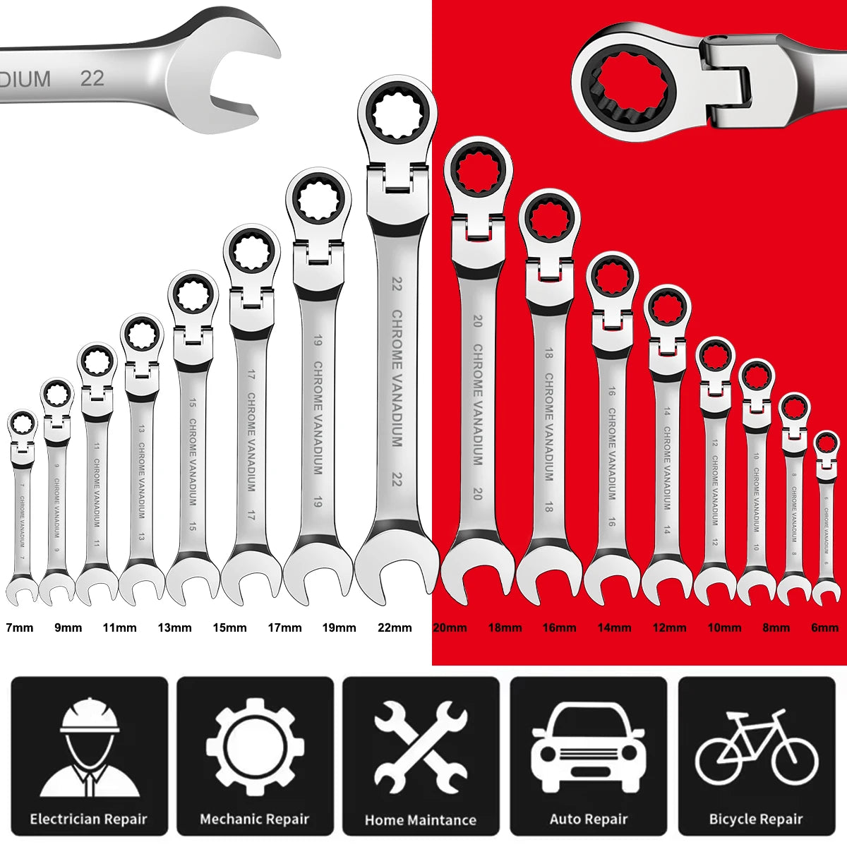 WOZOBUY Flex Head Ratchet Wrench Set With Cr V Steel
