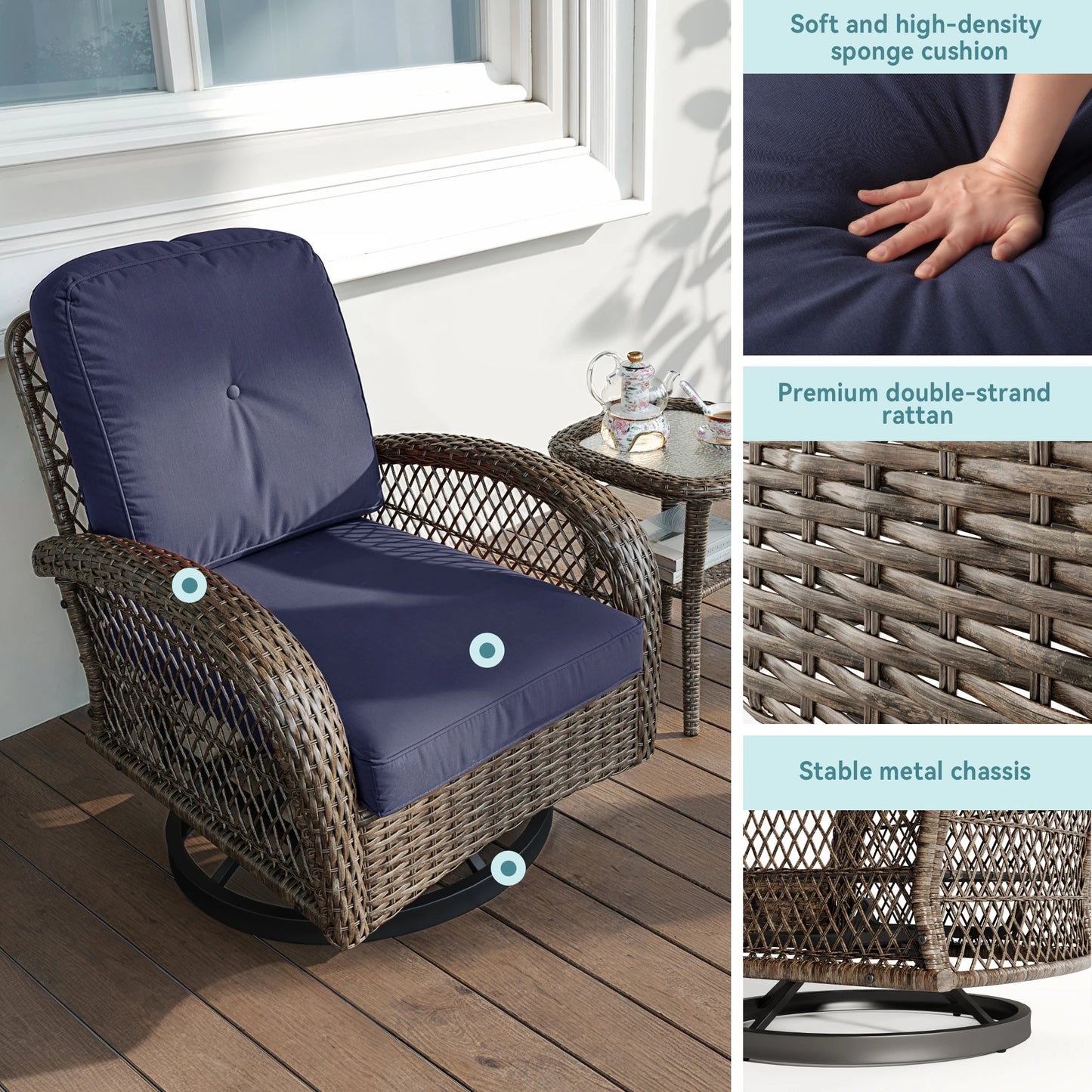 Outdoor Rotating Rocking Chair Patio Set with Padded Cushions