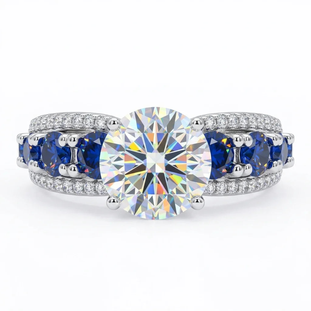 Moissanite Ring 925 Silver D Color VVS1 Sapphire Side Stones