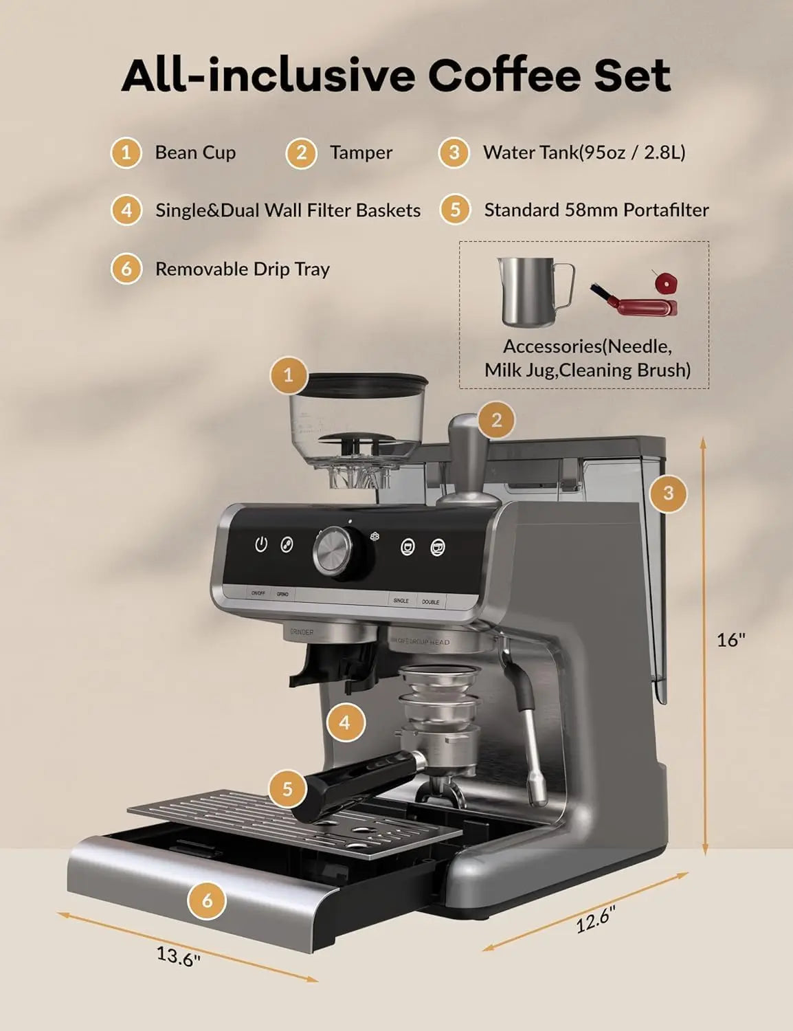 Acekool 20 Bar Espresso Machine With Built In Grinder