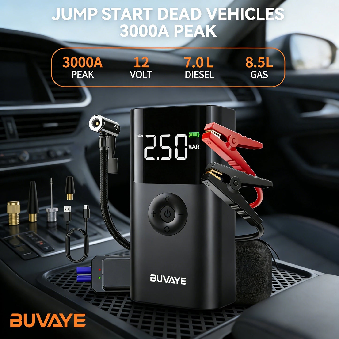 BUVAYE 12V Car Jump Starter With 150 PSI Air Compressor And Power Bank