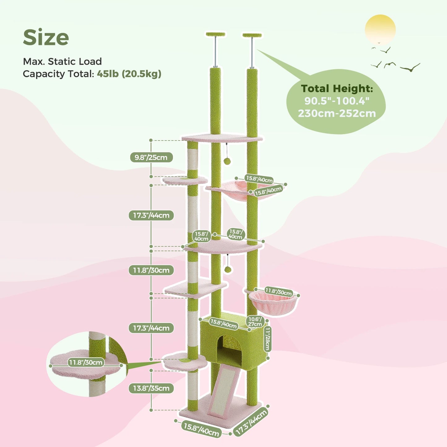 PETEPELA Cactus Cat Tree Floor To Ceiling Tower With Condo Hammock