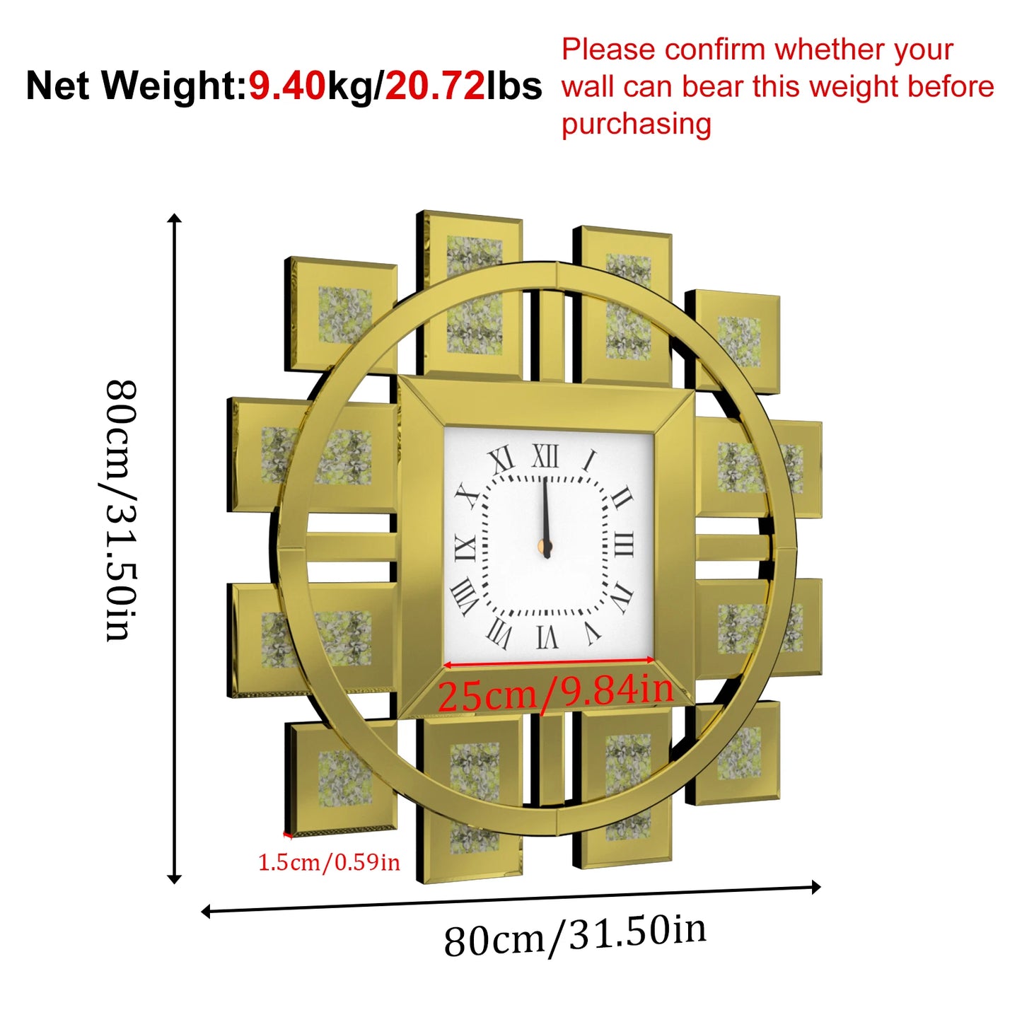 Crush Diamond Mirrored Wall Clock Quartz Roman Numerals Living Room