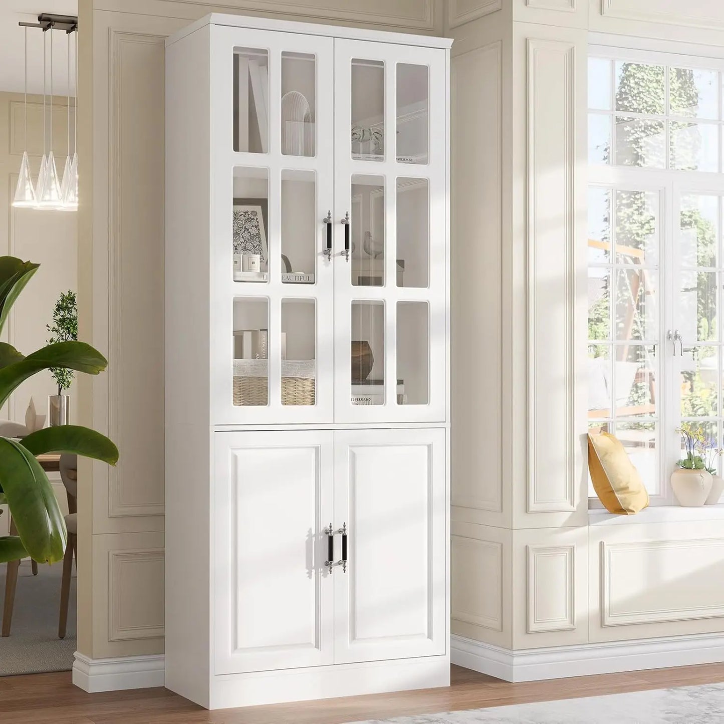 GUANGBAI Kitchen Pantry Storage Cabinet With LED Lights Glass Doors