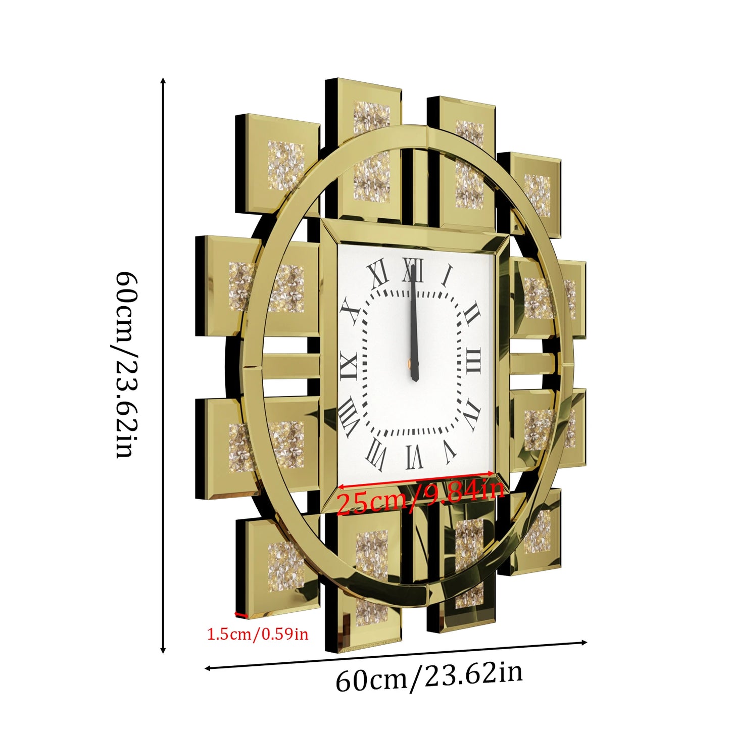 Crush Diamond Mirrored Wall Clock Quartz Roman Numerals Living Room
