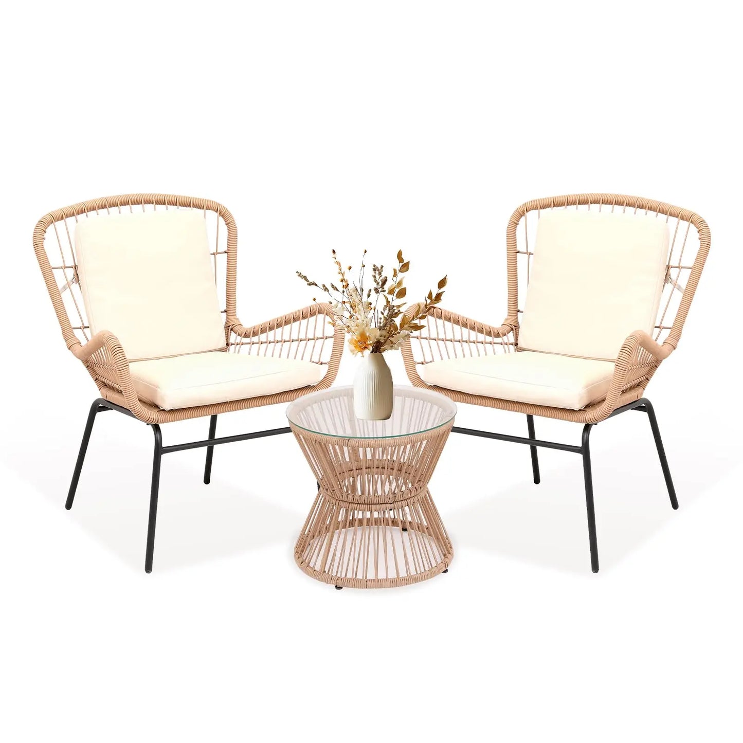 HobbyLane Boho 3-Piece Outdoor Patio Rattan Set With Cushioned Chairs