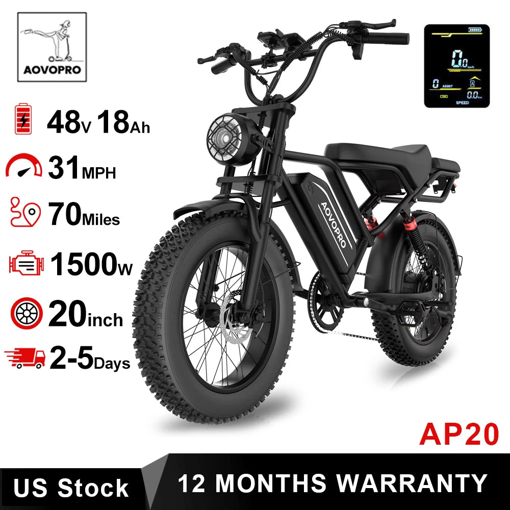 AOVOPRO AP20 Electric Fat Tire Bike 1500W All Terrain