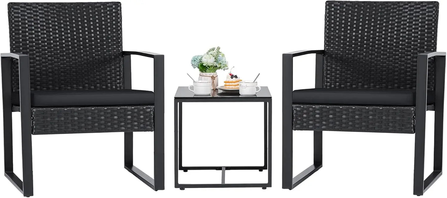 Outdoor 3Piece Wicker Patio Furniture Set With Glass Coffee Table