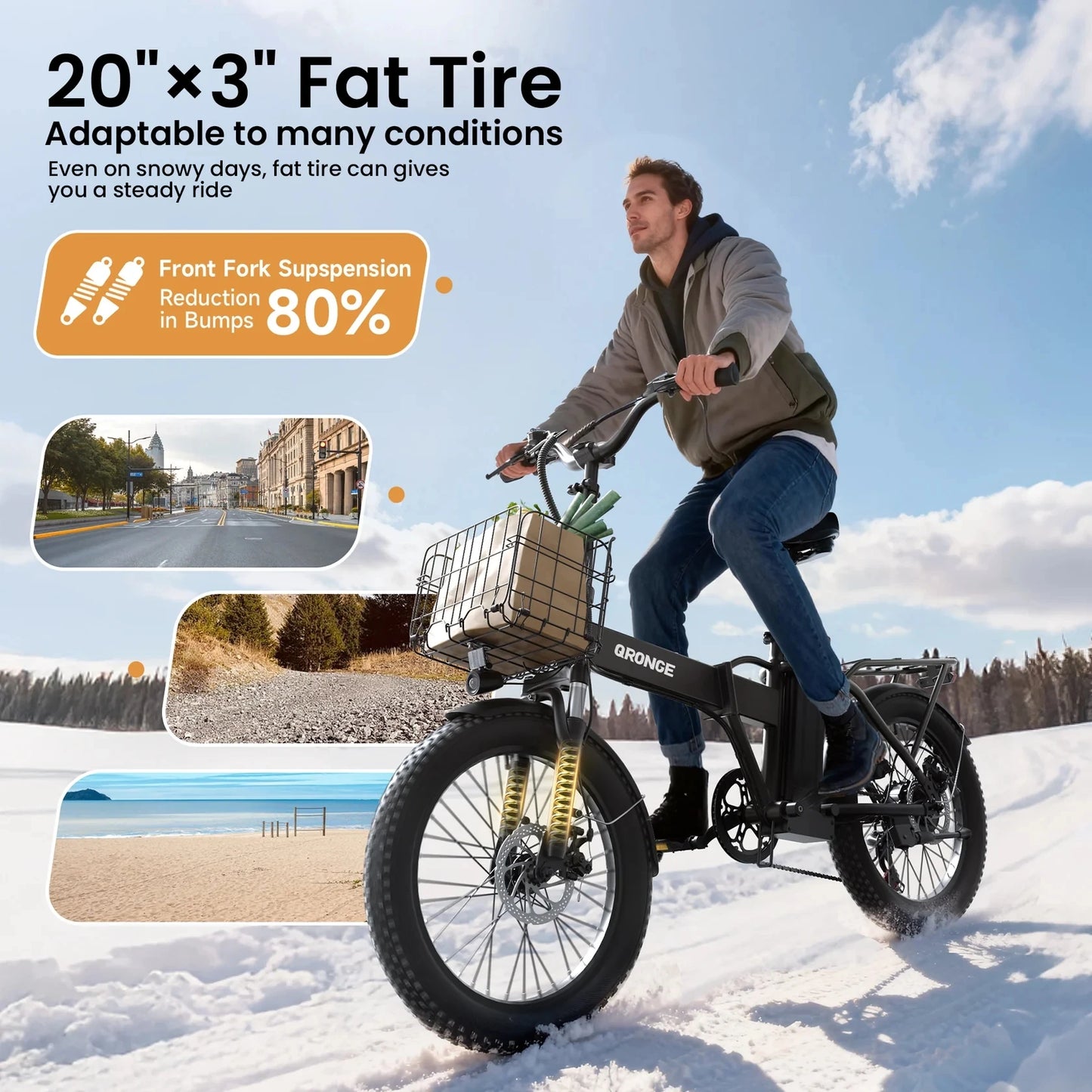 QRONGE Waterfall Folding Electric Bike 1000W Peak 48V