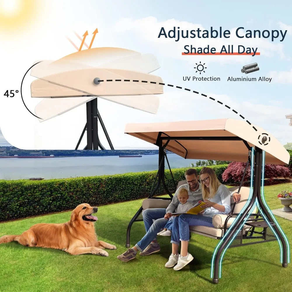 Patio Porch Swing 3-Seat Outdoor With Adjustable Canopy