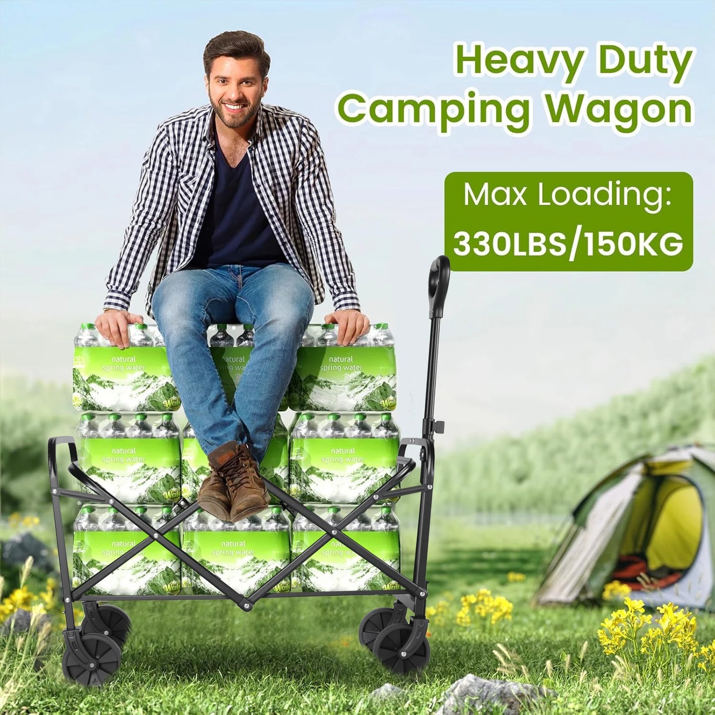 Heavy Duty Folding Wagon Cart All Terrain Wheels With Drink Holders