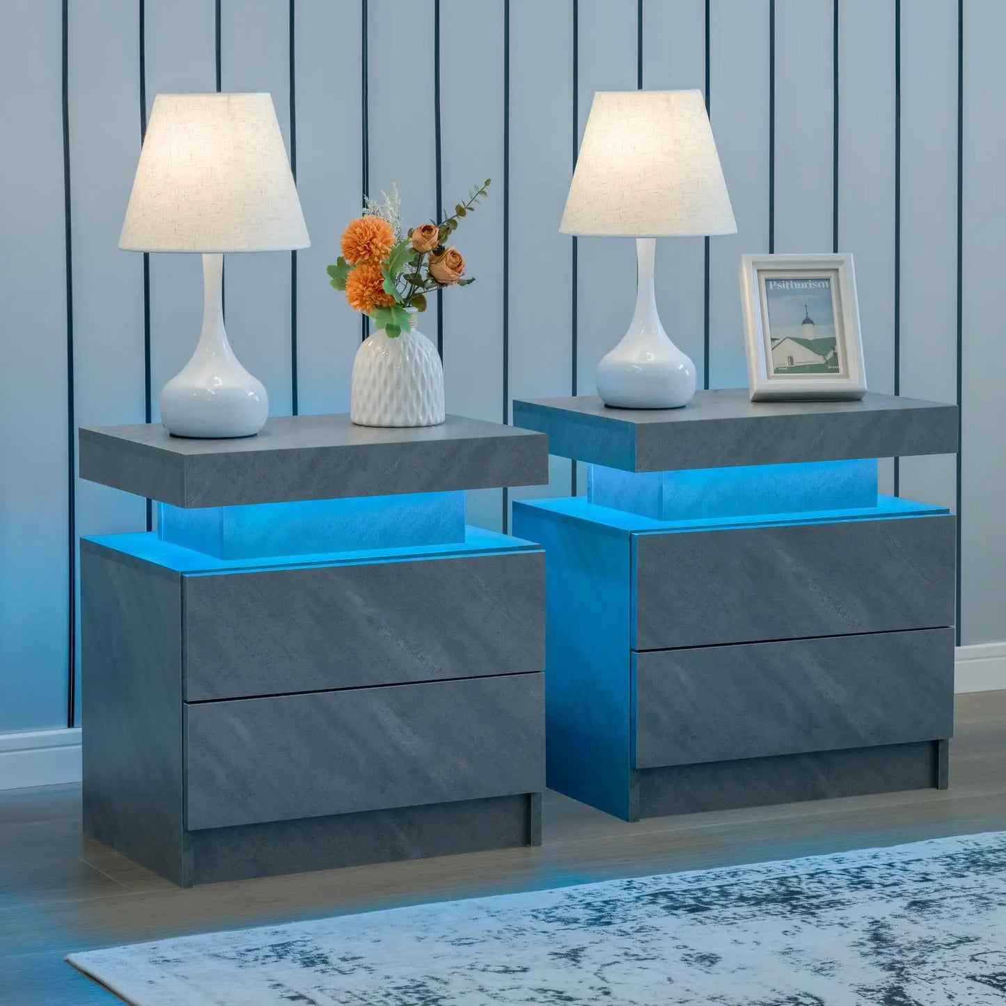 Cubehom Nightstand Set Of 2 With Led Light And Drawers