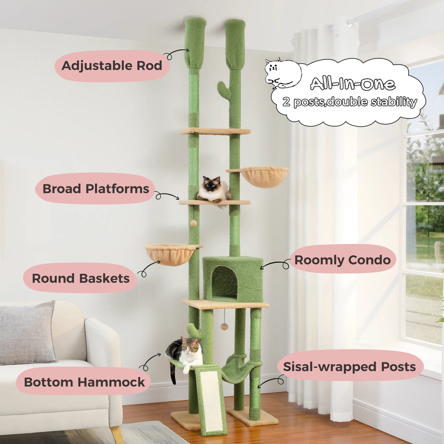 PAWZ Road Floor-To-Ceiling Cat Tree With Sisal Scratching Posts
