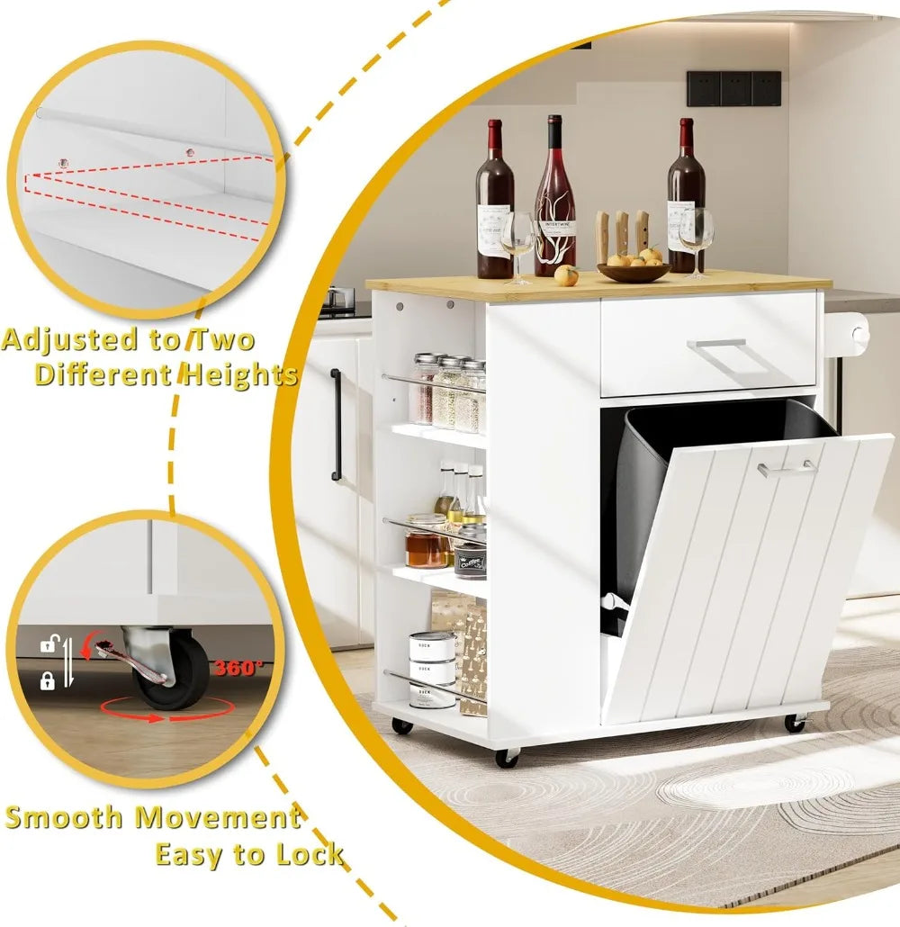 Rolling Kitchen Island On Wheels With Trash Bin Storage And Racks