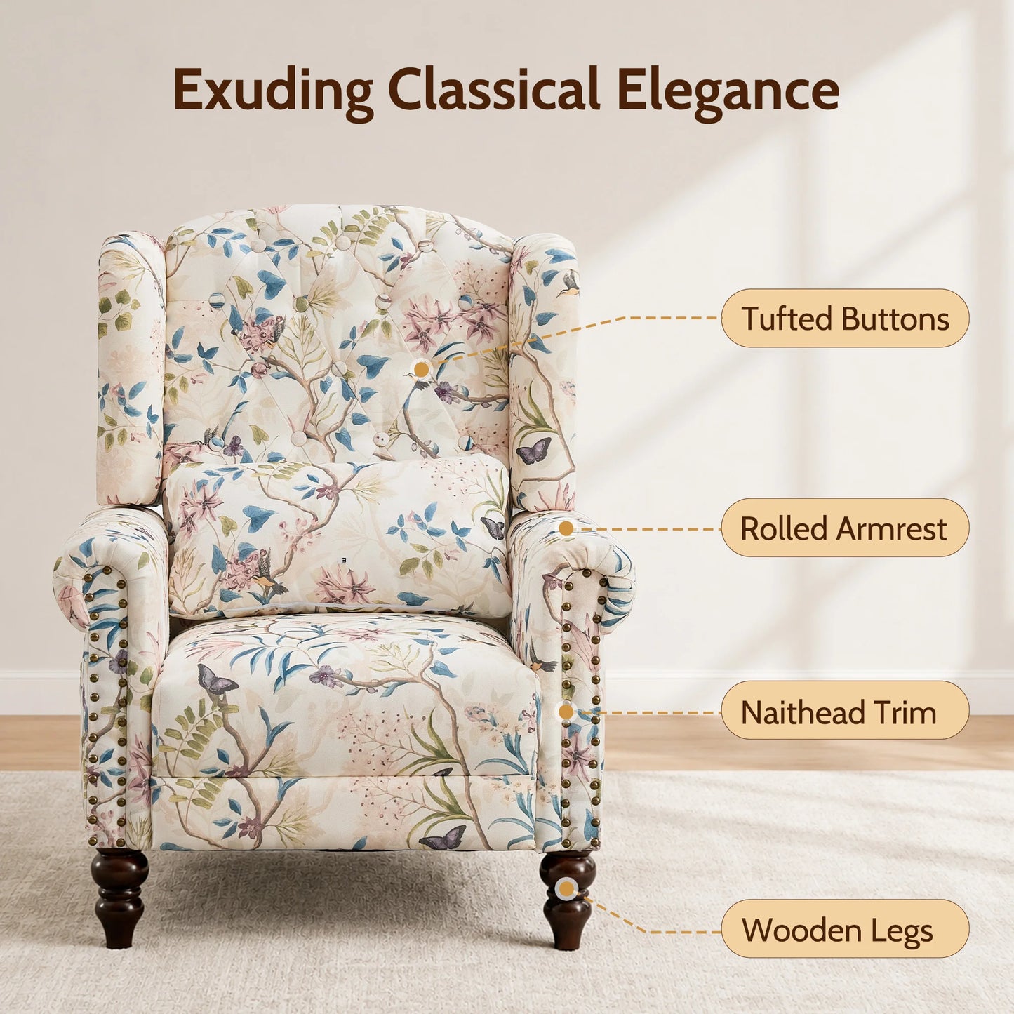 TCGBKAF Vintage Floral Wingback Armchair for Living Room