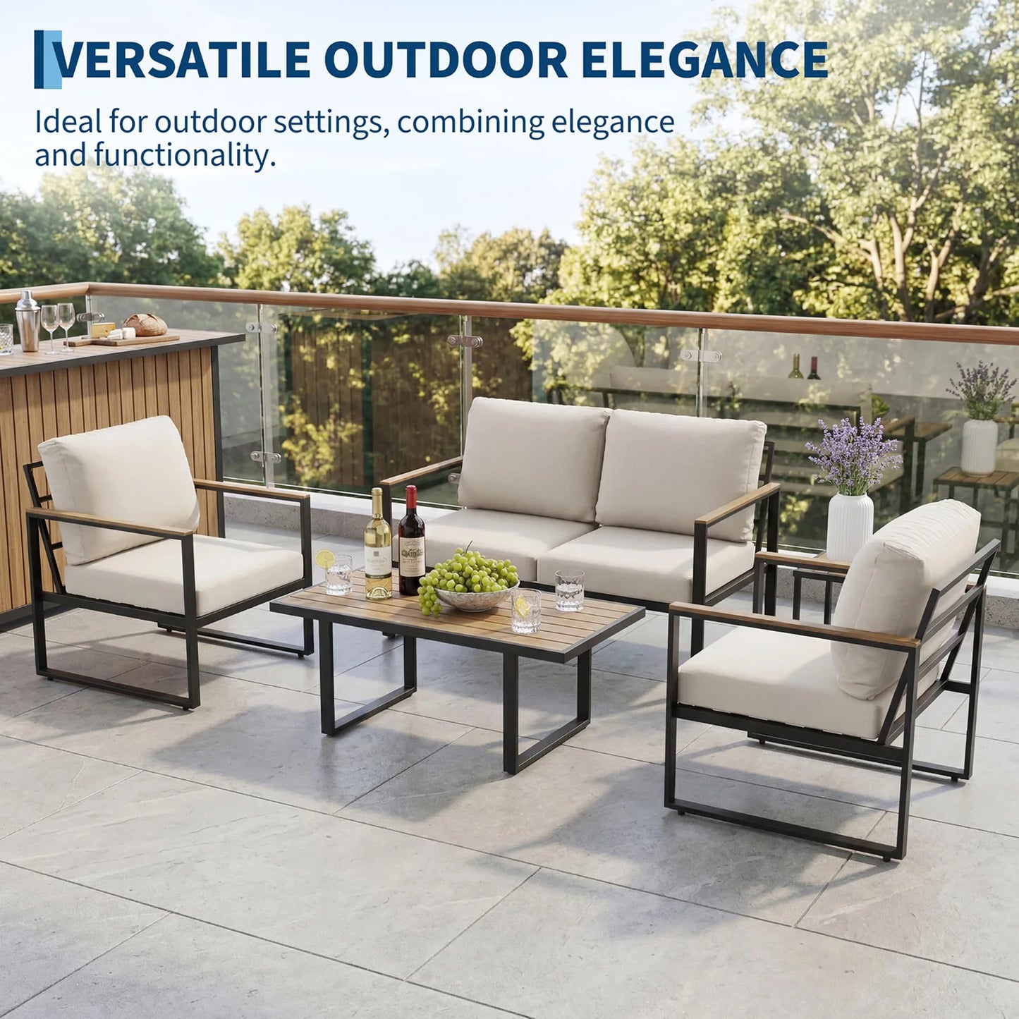 HobbyLane Modern Outdoor 4 Piece Patio Furniture Set With Sofa