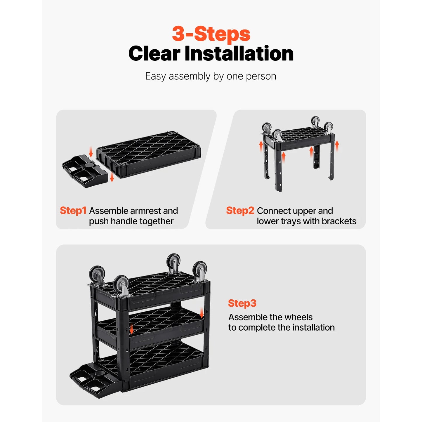 SucceBuy 3-Tier Utility Cart With 360 Degree Swivel Wheels And Ergonomic Handle